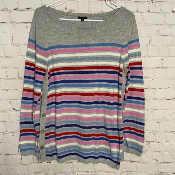 TALBOTS Womens SIDE BUTTON GRAY & MULTI-STRIPE BATEAU NECK SWEATER Cotton Size M - Picture 2 of 7